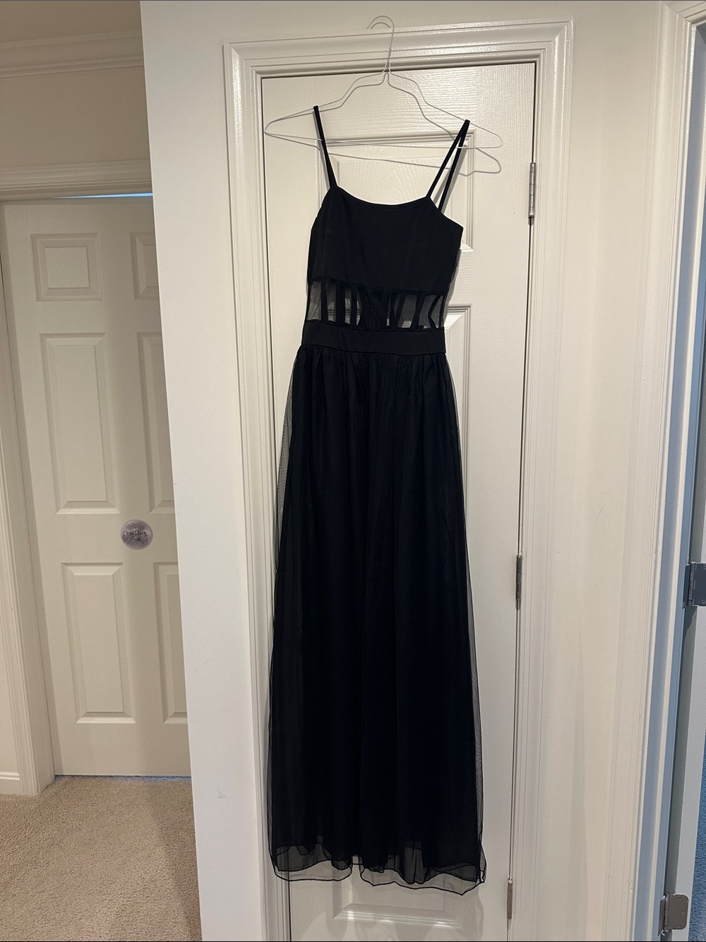Black Spaghetti Strap Mesh Panel Evening Dress